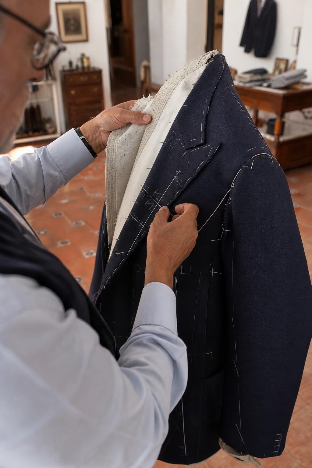 Sastre ajustando chaqueta de traje en taller sevillano — The Spanish Cut