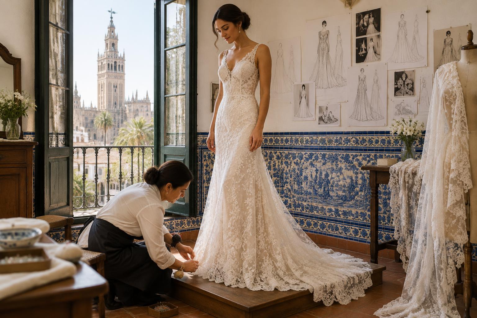 Modista ajustando el bajo de un vestido de novia en un taller de Sevilla