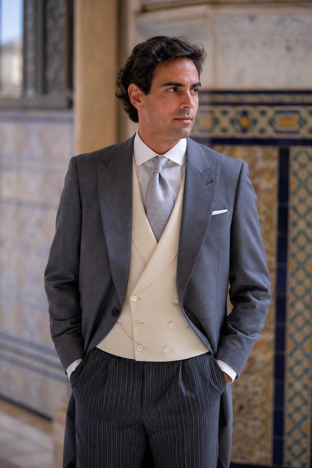 Novio con chaqué gris en patio sevillano — The Spanish Cut