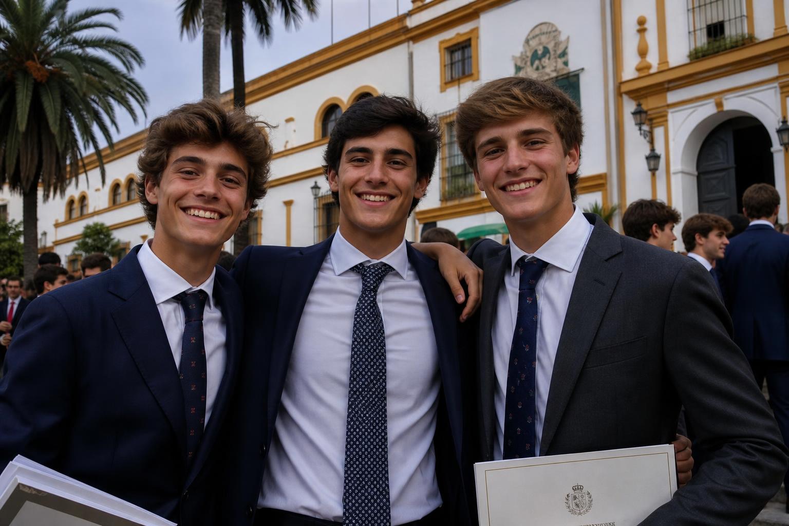 Grupo de jóvenes con traje de chaqueta el día de su graduación en Sevilla