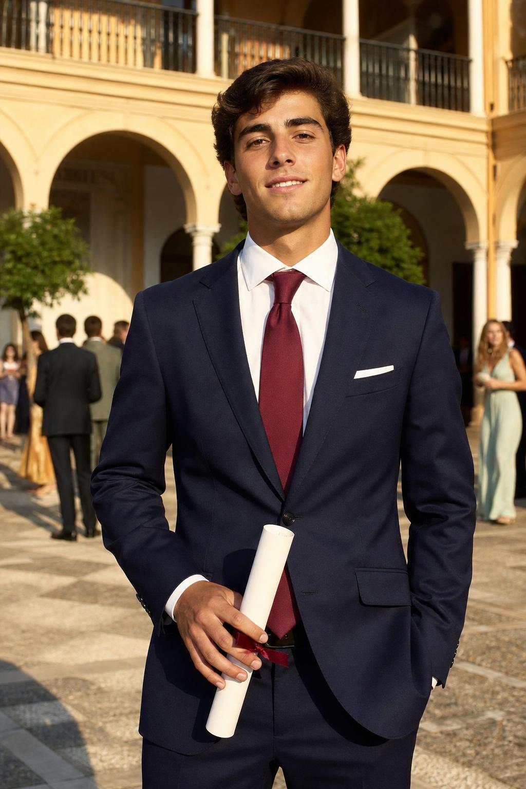 Graduado universitario en Sevilla con traje de chaqueta navy y corbata burdeos — The Spanish Cut