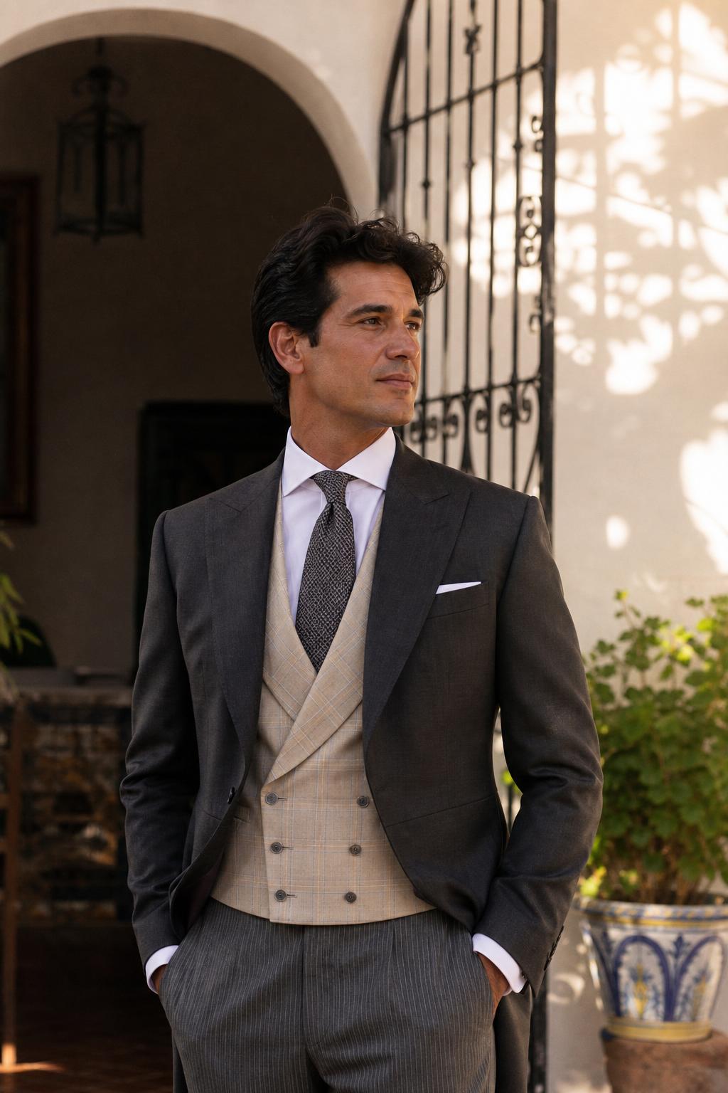 Novio con chaqué cognac y gris en patio sevillano — The Spanish Cut