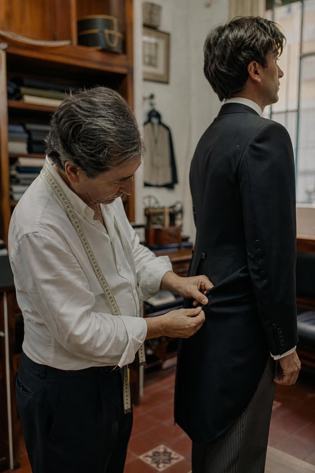 Tailor adjusting a black morning coat in a Seville workshop — The Spanish Cut