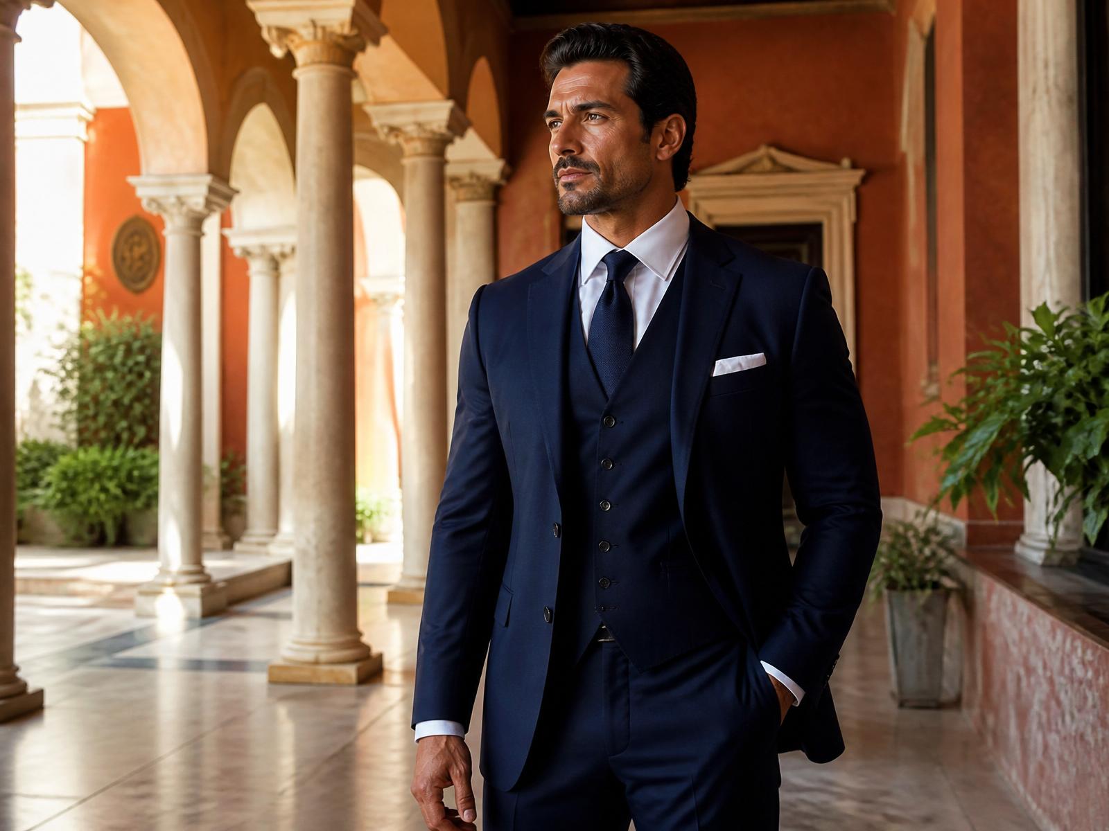 Hombre de talla grande con traje ceremonial navy perfectamente ajustado en un patio sevillano