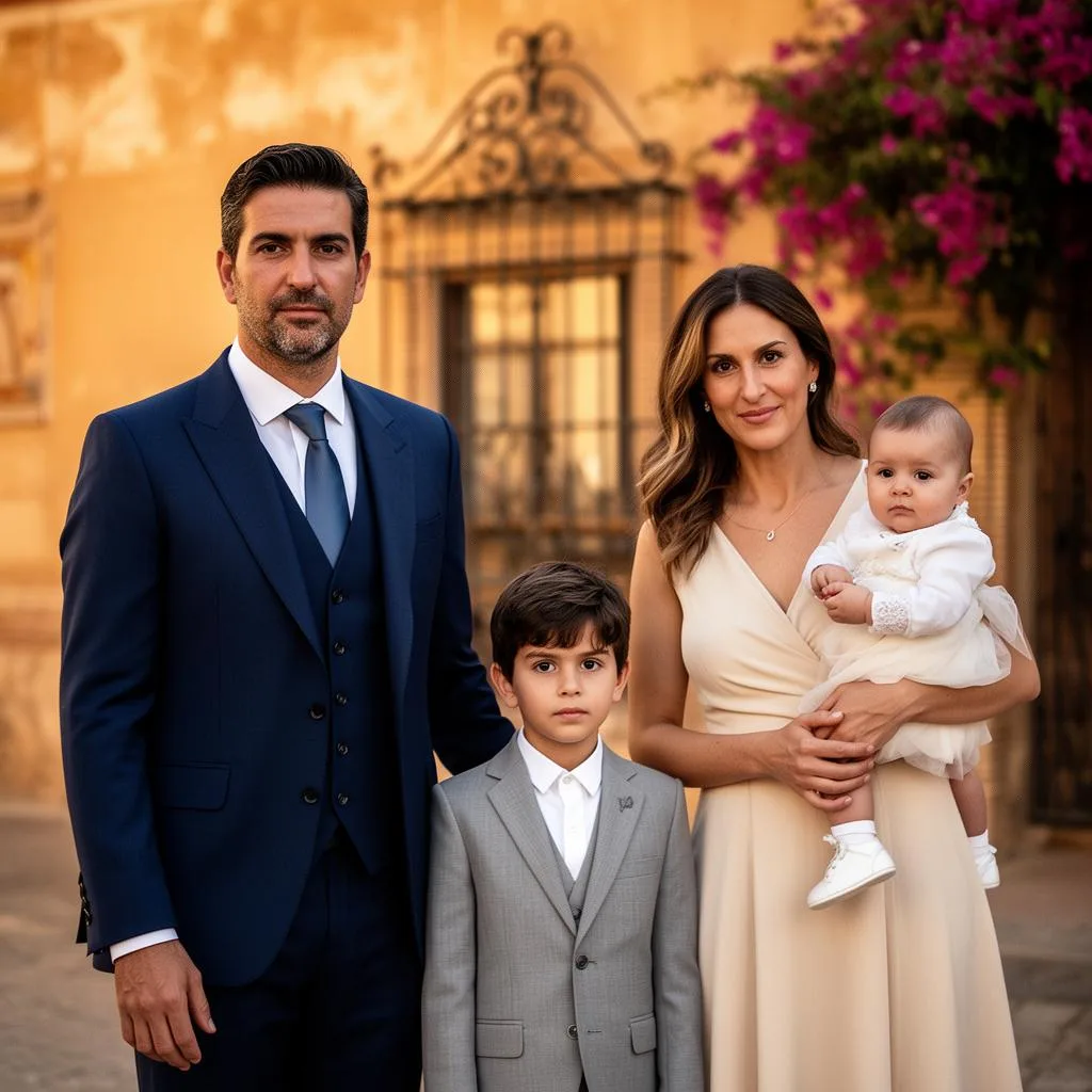 Padre con traje elegante junto a su hijo, esposa y bebé en una comunión en Sevilla
